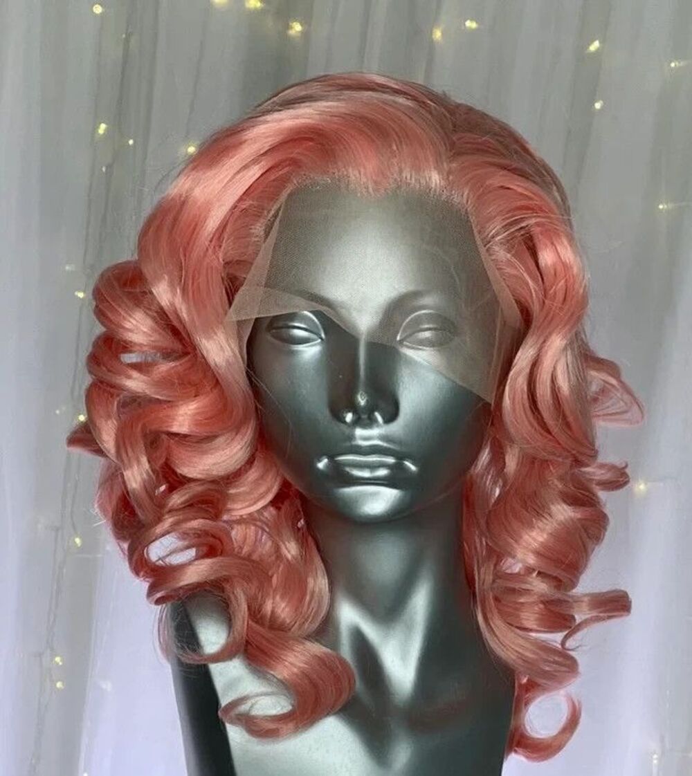 Lace Front Champagne Pink Curly Wig "Brick Red" 24in
